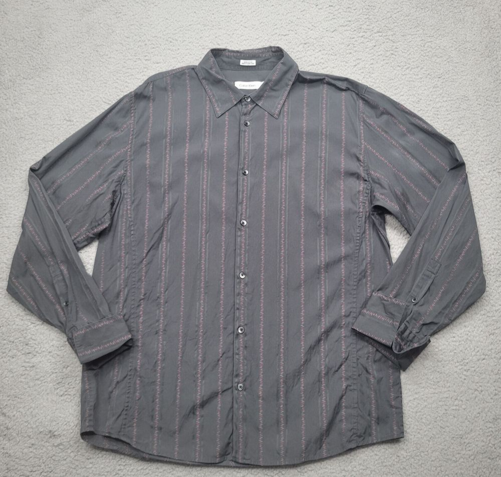 Calvin Klein Shirt Mens Extra Large Black Gray Striped Long Sleeve Button Up